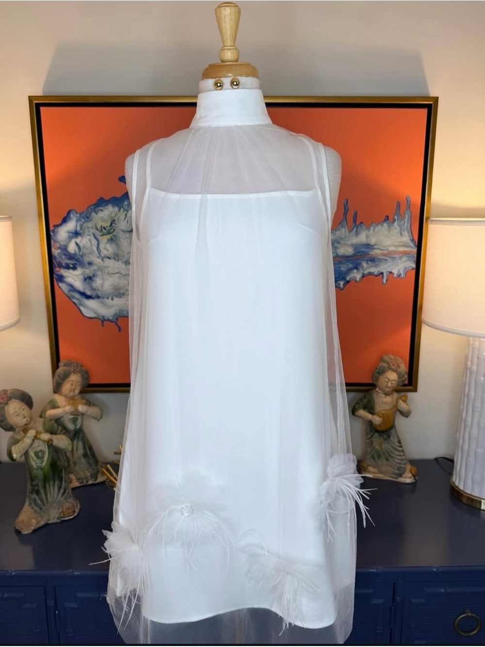 White Sheer Overlay Cocktail Dress with Feather Trim